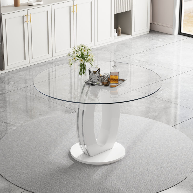 47.2'' Modern Luxury Clear Glass Round Dining Table for 4-6, Modern Kitchen Table with Tempered Glass Top & Stainless Steel Legs, Circle Dining Table for Home, Living Room, Apartment