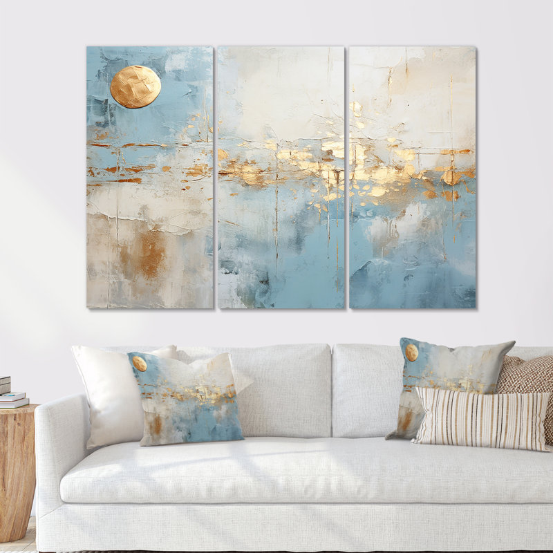 «Blue and Gold Minimal Expression», ensemble d'art mural formes abstraites, Toile tendue, H 28 po x l 36 po x P 1 po