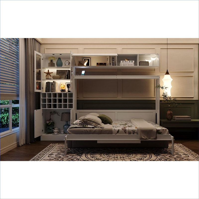 Space-Saving Multifunctional Full Size Murphy Wall Bed with Integrated Sofa, Built-In Shelves, USB Port and Lighting, MDF LVL Construction, White-Toned