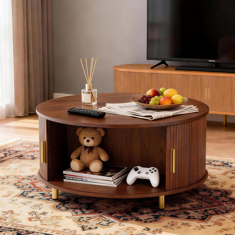 Round Coffee Table with Storage, 31.5" Mid Century Modern Coffee Table with 360° Curved Sliding Door, Walnut
