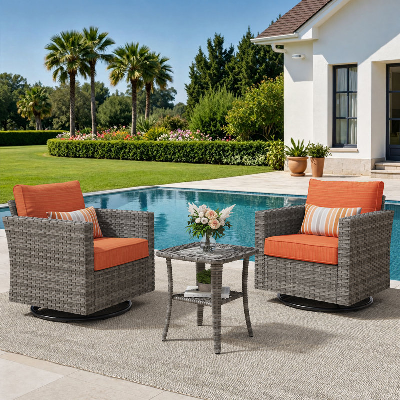 Ensemble de chaise berçante d'extérieur 3 pièces avec coussins Allcot, Orange-rouge