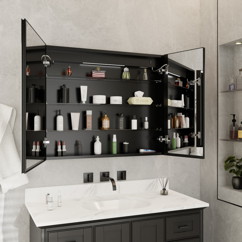 36 X 30 Inch Recessed or Surface Mount Frameless 2 Door Medicine Cabinet with 2 Adjustable Shelves, Matte Black