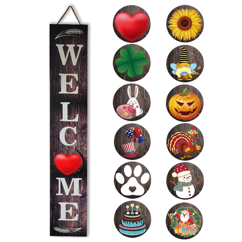 12 Seasonal Interchangeable Signs Set, 47 Inch Tall Standing Vertical Welcome Sign For Front Porch Door Decor, Brown Wooden Yard Sign
