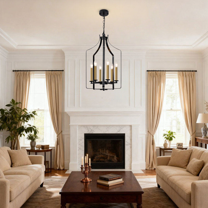 Mid-Century 6-Light Dimmable Cage Pendant Light, Matte Black/Gold