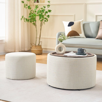 Repose-pieds gigognes avec rangement Ball & Cast, repose-pieds en lin avec plateau en bois, table basse et banc