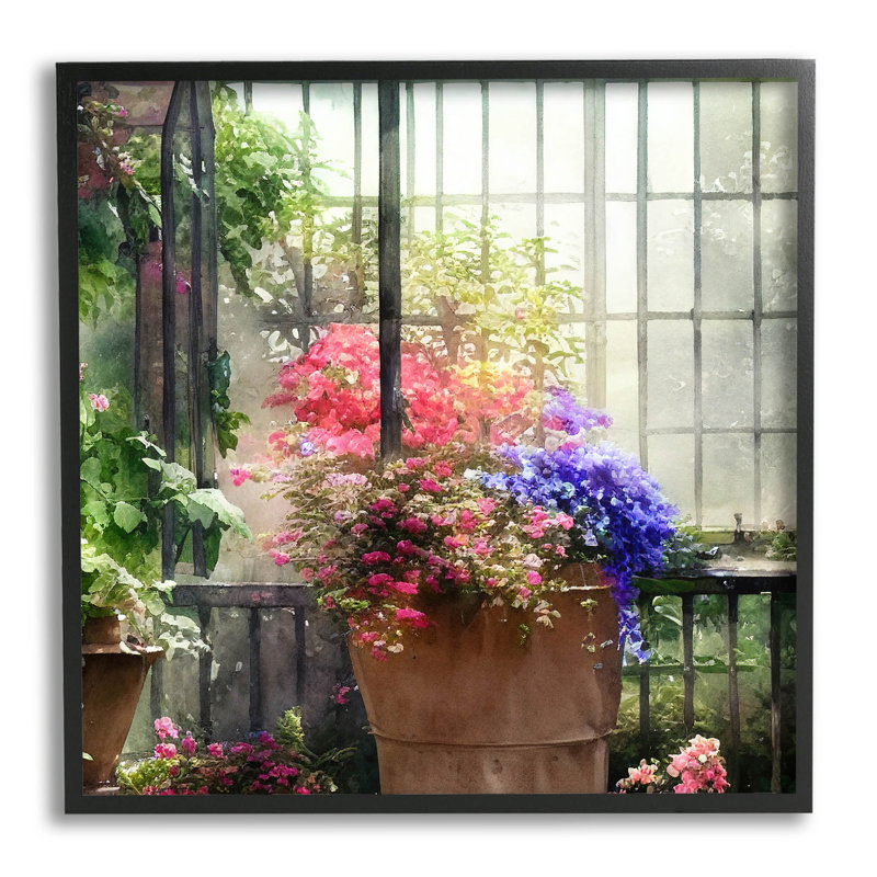 «Sunlit Pots Plants Greenhouse», estampe numérique par Alpenglow, H 17 po x l 17 po x P 1,5 po, Cadre noir