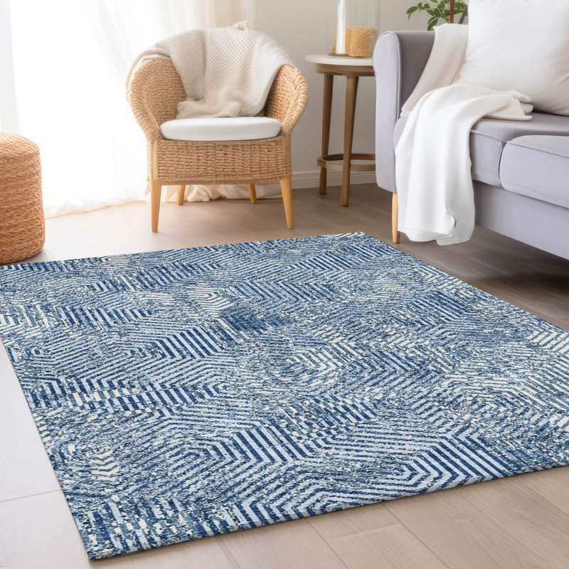Tapis bleu marine de qualité supérieure lavable à la machine Prisco, Rectangulaire 3 pi x 5 pi