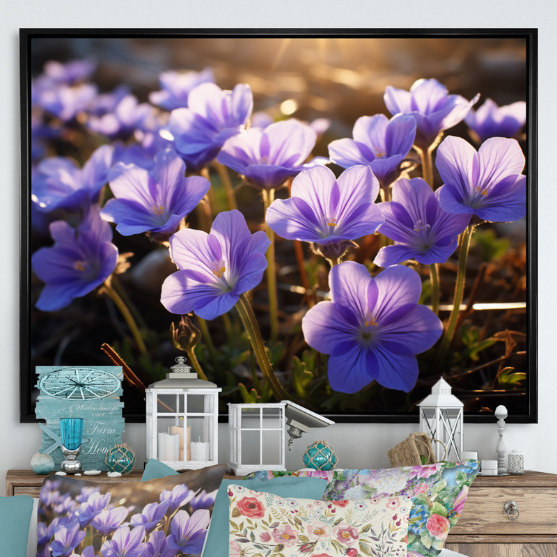 " Violets Field At Sunrise I ", Black Floater Framed, 12" H x 20" W x 1" D