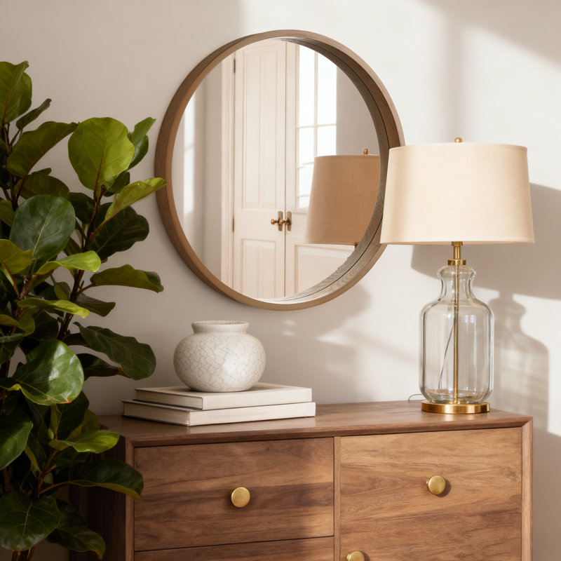 Miroir mural rond à cadre en bois - cadre épais de 2,5 pouces, 24" x 24", Natural