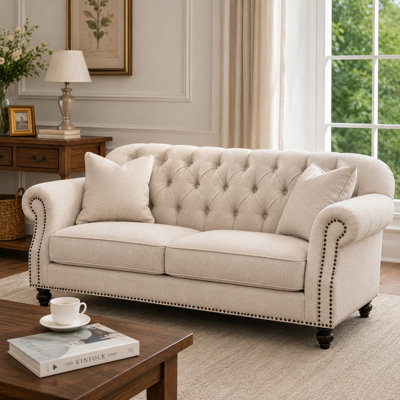 88.5-Inch Faux Leather Chesterfield Sofa, 3-Seat Rolled-Arm Couch with Nailhead Trim, 6.5-Inch Removable-Cover Cushions and Solid Wood Legs