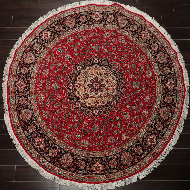 Tapis rond rond en laine et soie rouge noué à la main 6 pi 4 po x 6 pi 4 po Tabriz