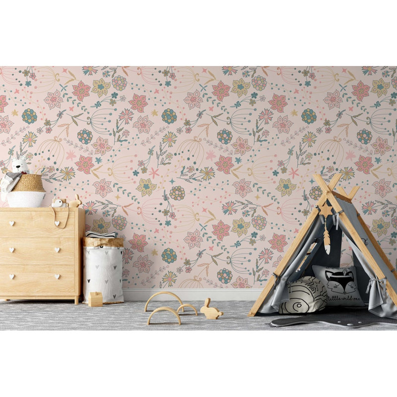 Papier peint amovible fleurs rose et bleu, L 9 po x l 15 po, Rose