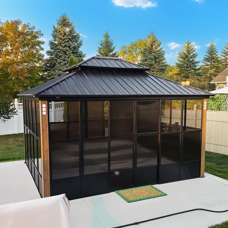 PURPLE LEAF Outdoor Wood Grain Aluminum Frame Gazebos, 12'x14', Sun Room