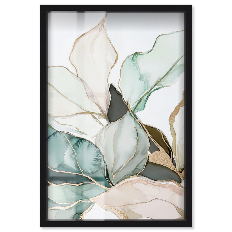 «Pastel Leaves with Gold III Shadowbox Print», art floral élégant par Art Remedy, H 31 po x l 21 po, Noir