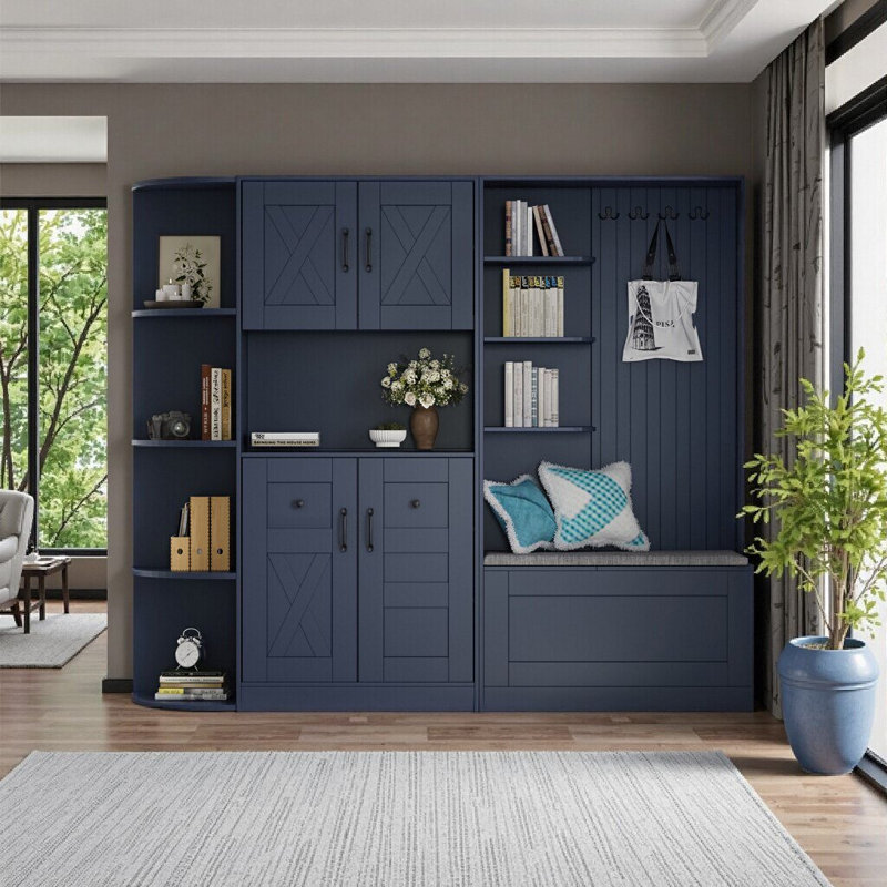 Elegant Black Multifunctional Hall Cabinet Combo - Versatile Storage & Hall Tree 2-in-1 for Any Space, Antique Blue