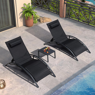 Ensemble de chaise longue d'extérieur en aluminium 3 pièces avec table d'appoint