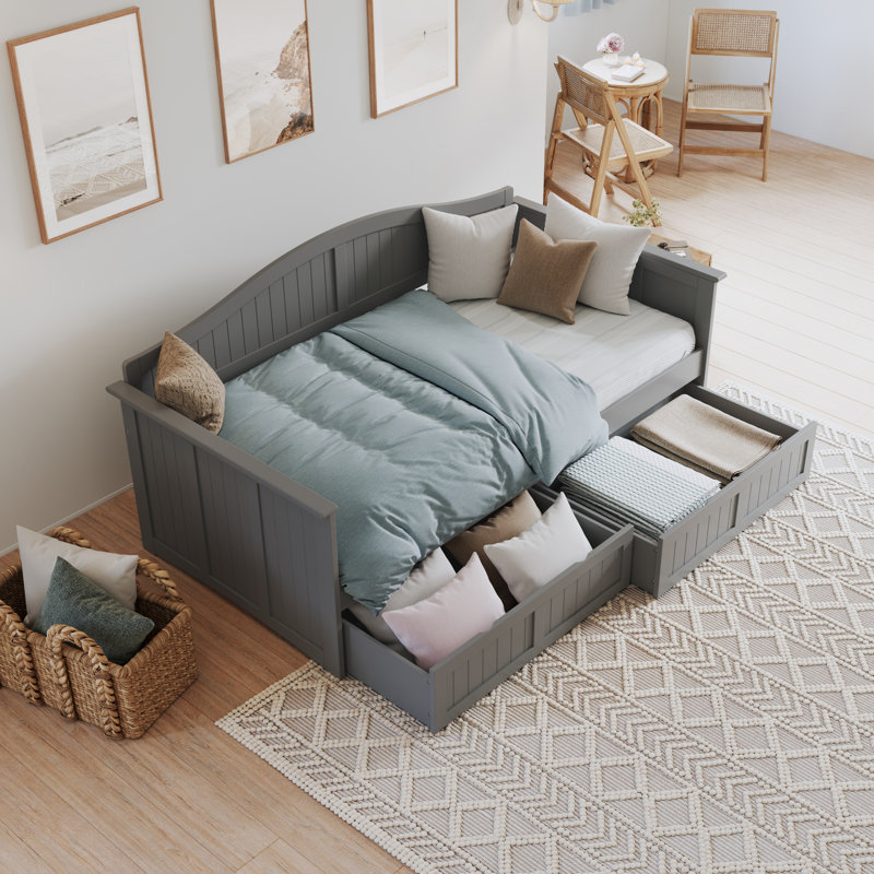 Lit de jour simple en bois massif avec tiroirs de rangement Nantucket Cottage, Gris