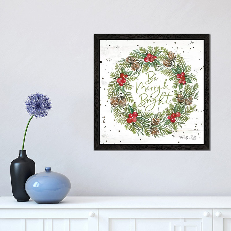 Be Merry & Bright Wreath by Cindy Jacobs - Print on Canvas, 66.04 cm H x 66.04 cm W, Black Floater Framed
