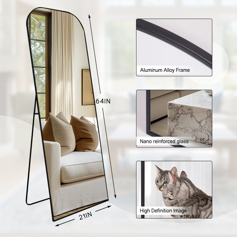 Modern Full Length Mirror Tempered Glass and Aluminum Alloy Framed Floor Mirror, 64" x 21", Black