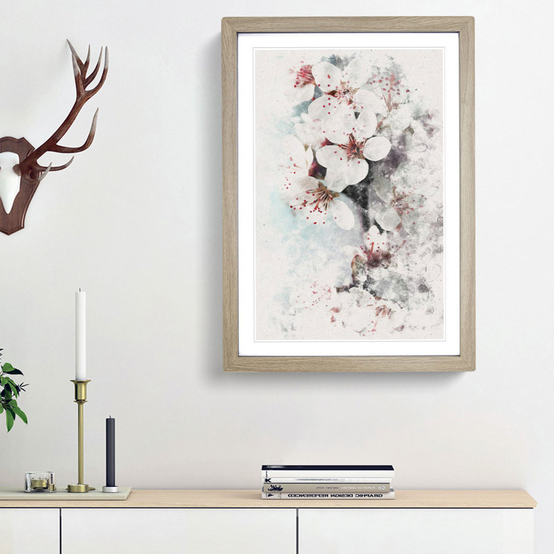 White Blossoms - Picture Frame Painting Print, 87cm H x 62cm W x 2cm D, Oak Framed
