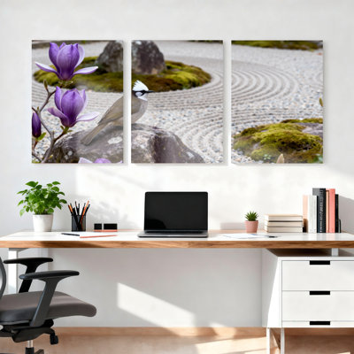 Oiseau de jardin zen et fleurs mauves, reproduction d'art sur toile tendue sur toile, ensemble de 3