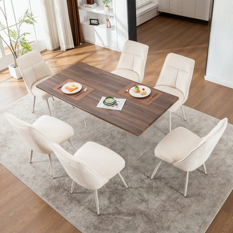 Modern Chenille Upholstered Dining Chairs Armless Side Chairs With Metal Frame For Kitchen Dining Room, 6, Cream 
