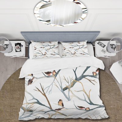«Little Birds On The Tree Branches I» - Ensemble de housse de couette traditionnel - Microfibre de polyester