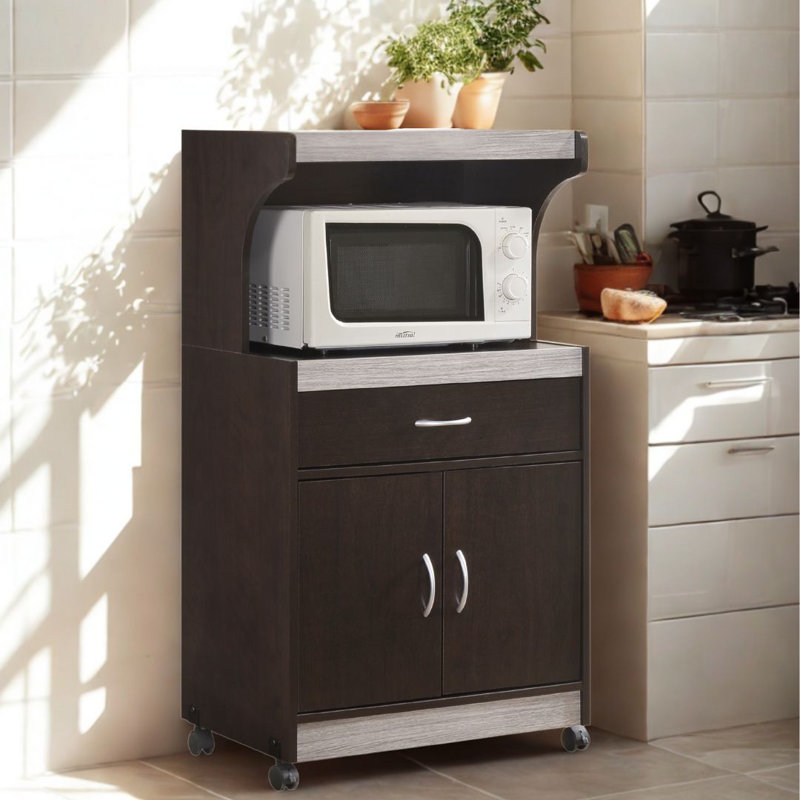 Chariot de cuisine roulant avec tablette à micro-ondes, tiroir à ustensiles, espace de rangement d'armoire intérieure et roulettes verrouillables