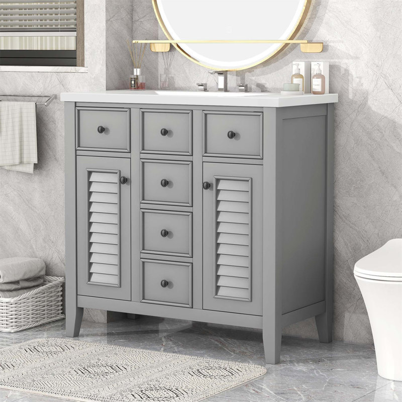 Meuble-lavabo de salle de bain avec lavabo en céramique, deux armoires et cinq tiroirs, structure en bois massif, Gris