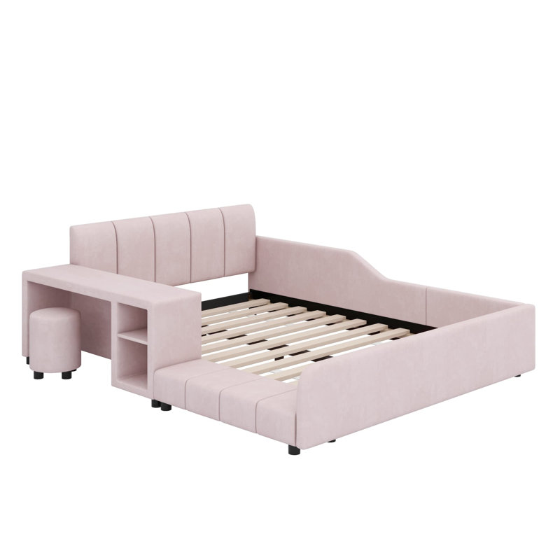 Lit tapissier au sol, lit d'enfant avec bureau de chevet et petit tabouret rond, Double, Rose