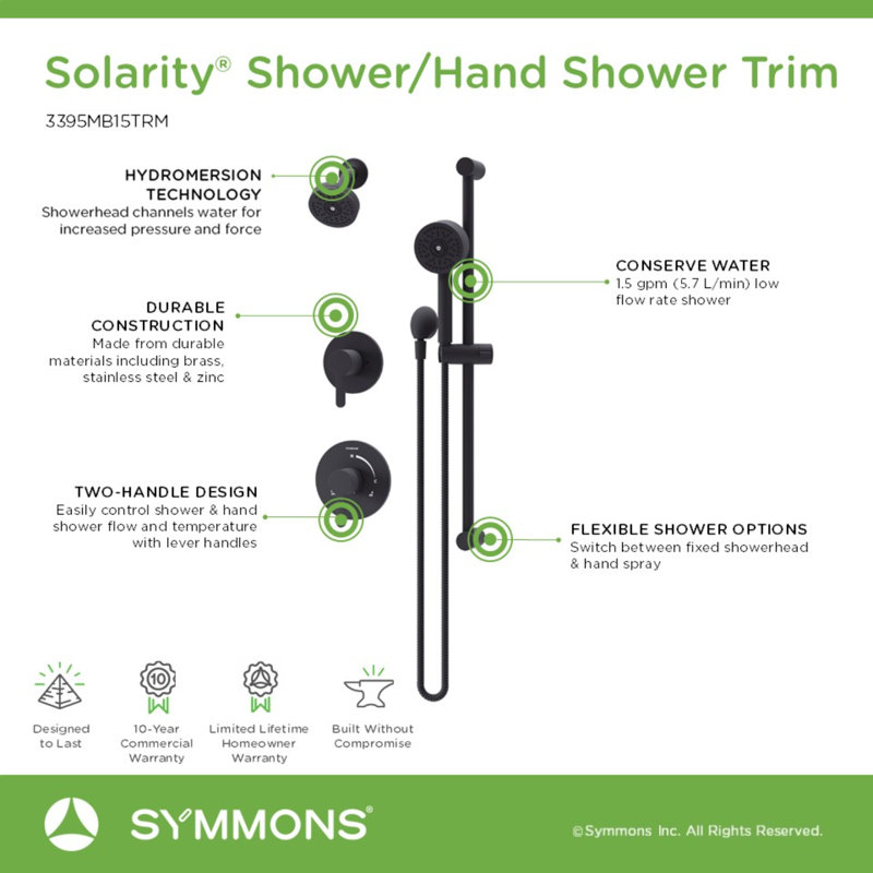 Solarity Hydromersion Double Handle Shower Trim Kit With Hand Spray, Matte Black