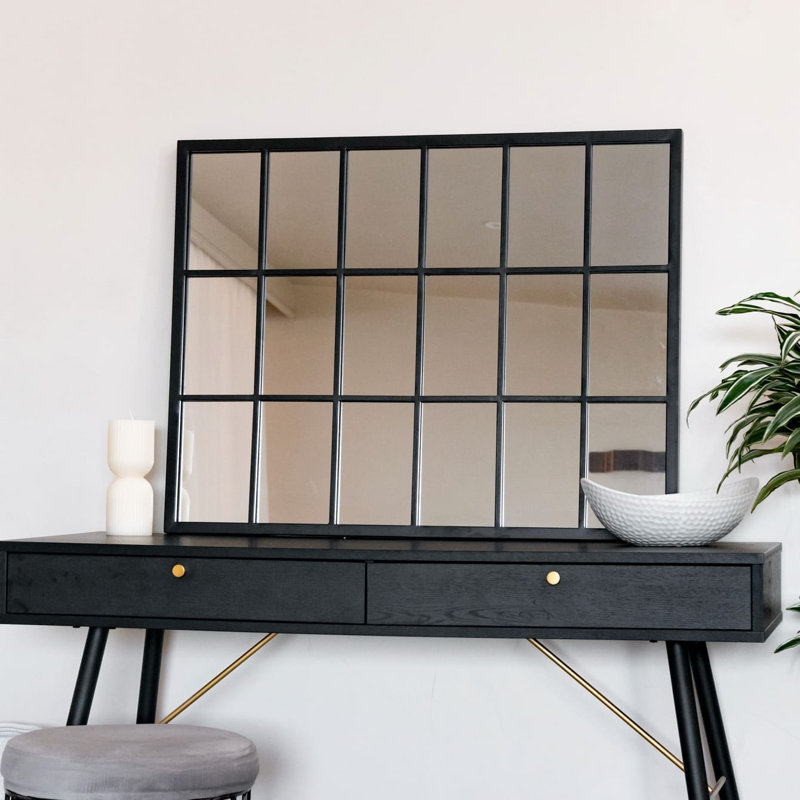 Kyō - Black Metal Rectangle Lattice Window Wall & Leaner Mirror, 90cm x 70cm
