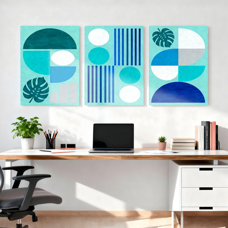 Abstrait géométrique et feuilles tropicales, art mural tendu sur toile, ensemble minimaliste moderne (ensemble de 3)