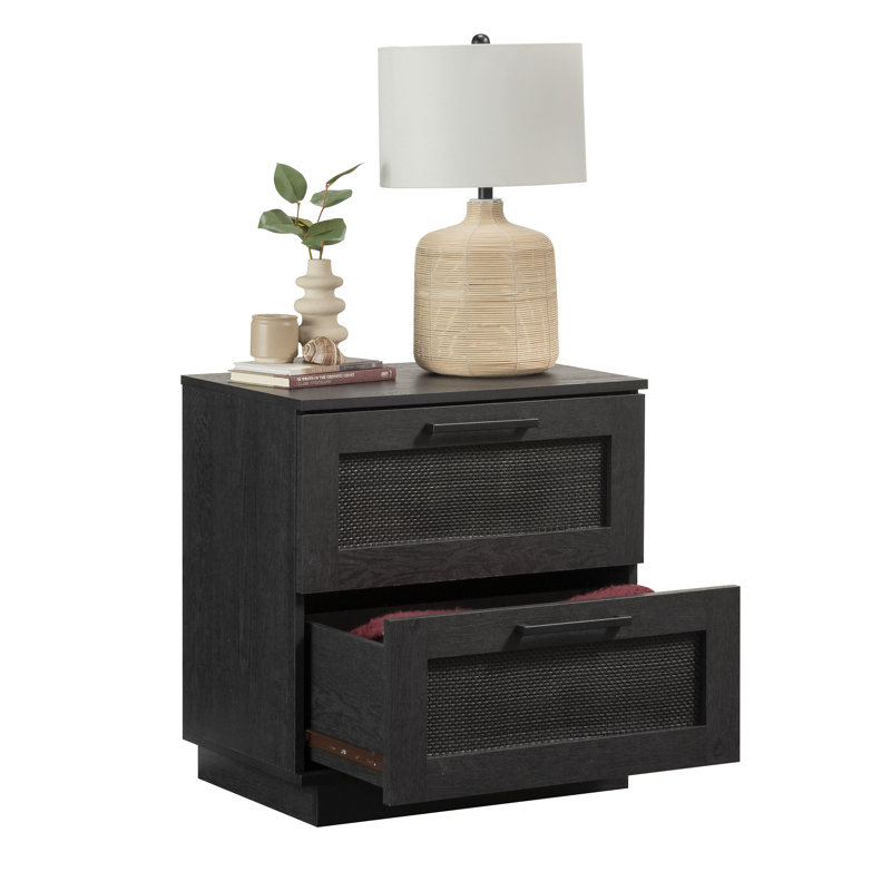 Raven Oak 2-Drawer Rattan Nightstand
