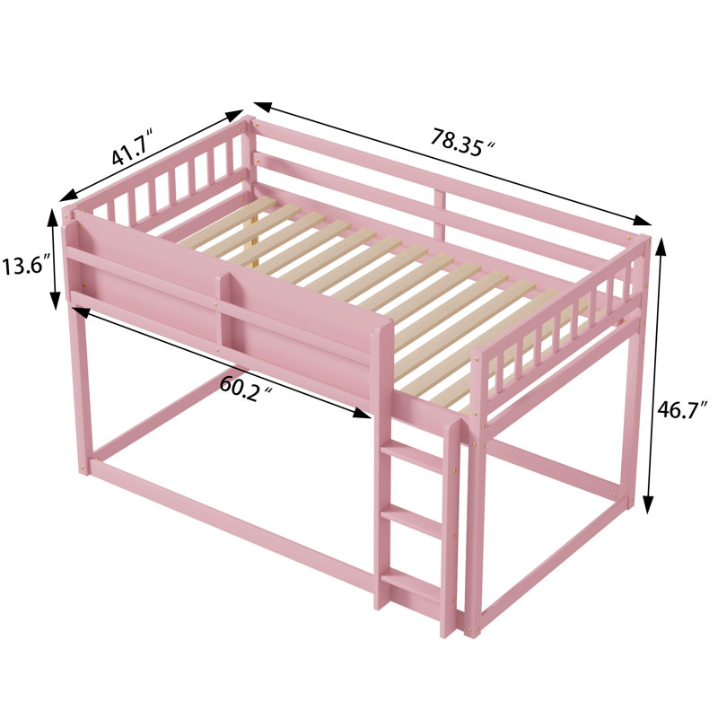 Lit superposé bas simple au-dessus de simple, lit superposé au sol avec échelle, lit superposé simple en bois massif pour enfants et enfants, rose