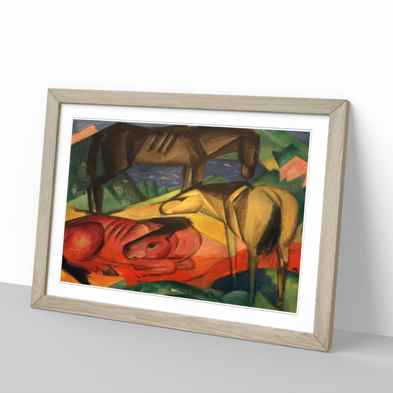 Three Horses by Franz Marc - Picture Frame Painting, 27cm H x 36cm W x 2cm D, Oak