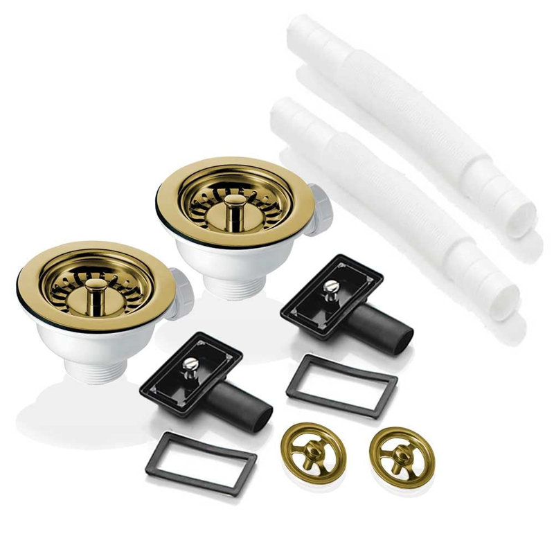 2X 90Mm Waste And Round Overflow Set For  RAK Rangemaster Ceramic Sink, Gold
