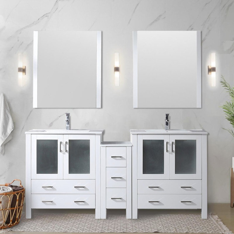 72 po Ensemble de meuble-lavabo double blanc X 18,25 avec armoires latérales, robinet et 28 miroirs, Blanc