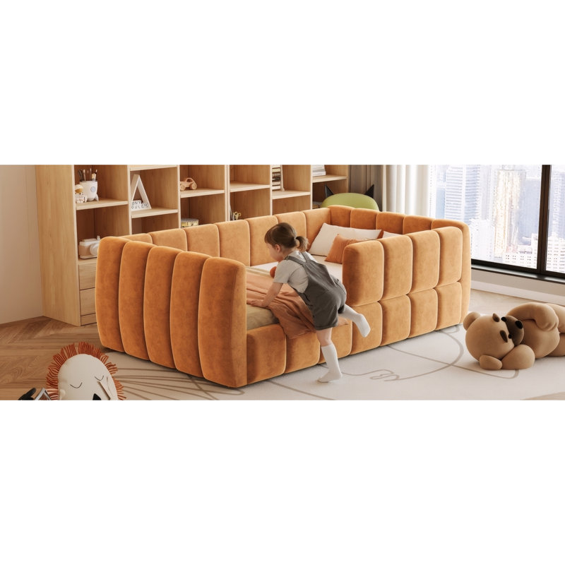 Upholstered Floor Daybed with Removable Guardrails, Orange