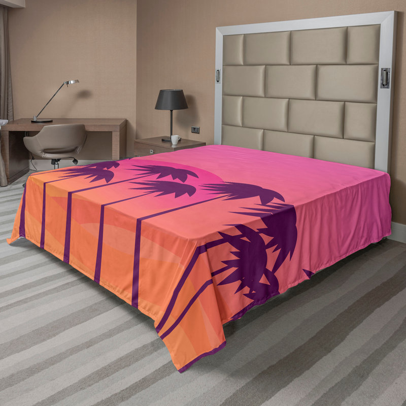 Ambesonne, paysage, drap plat, palmiers, parcelle rétro, rose pastel, mauve foncé, Drap plat pour très grand lit californien