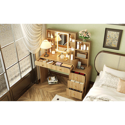 47.4" Natural Large Lighted Makeup Vanity Desk, Fluted Design, 5 Drawers, Open Shelves & Built-in Charging Station
