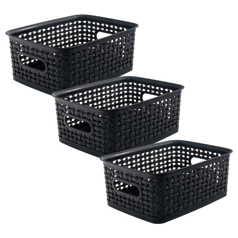  Thinkspace Plastic Weave Bin, Small, Black, Pack Of 3, 12" x 12" x 7.3"