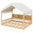 Wooden Floor House-Shaped Daybed With Fense,3 Storage Bookshelves,Curtain And LED Light-1956932678