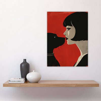 Dog Lover Lady and Pet Bold Red Retro Style Wall Art Print
