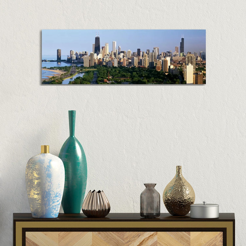 Buildings In A City, View Of Hancock Building And Sears Tower, Lincoln Park, Lake Michigan, Chicago, Cook County, Illinois, USA - Wrapped Canvas Panoramic Print