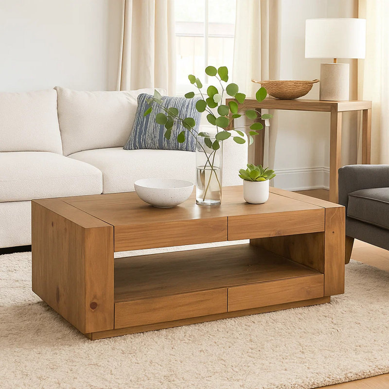 Table basse Ayma, 1 tablette intérieure, bois de chêne brun, rectangulaire 50 po