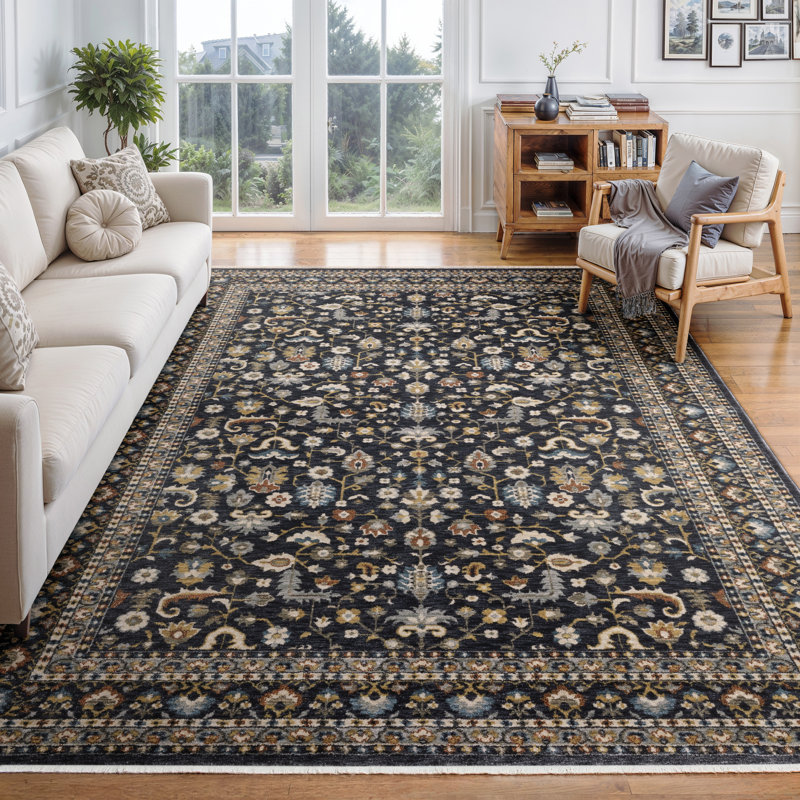 Caia Traditional Floral Border Blue/ Multi Area Rug, Rectangle 5'3" x 7'9"