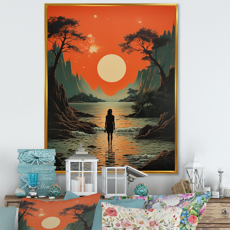 Oragne et vert, plage rétro, art mural abstrait, Cadre flottant doré, H 44 po x l 34 po x P 1,5 po