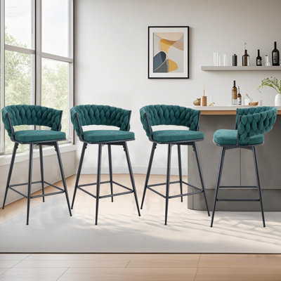(Set Of 4) 16" W Cotton Linen 360° Swivel Barstool, Tufted 4 Metal Legs Barstool