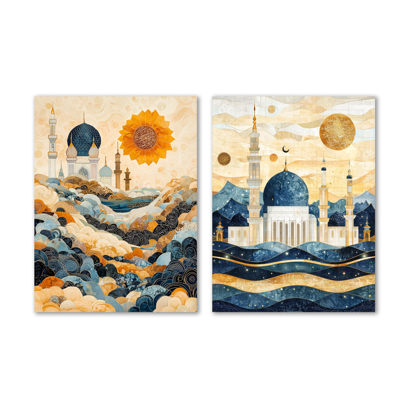 Conte du lever du soleil sur la mosquée de l'Islam - ensemble de 2 impressions murales en métal, H 32 po x l 48 po